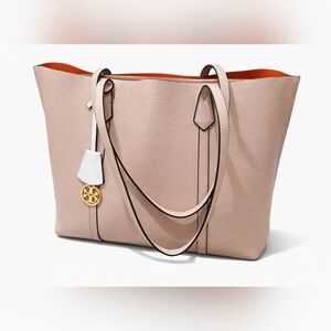 Tory Burch Blush Pebbled Leather Large Tote Bag Gold Logo Charm Zip Top